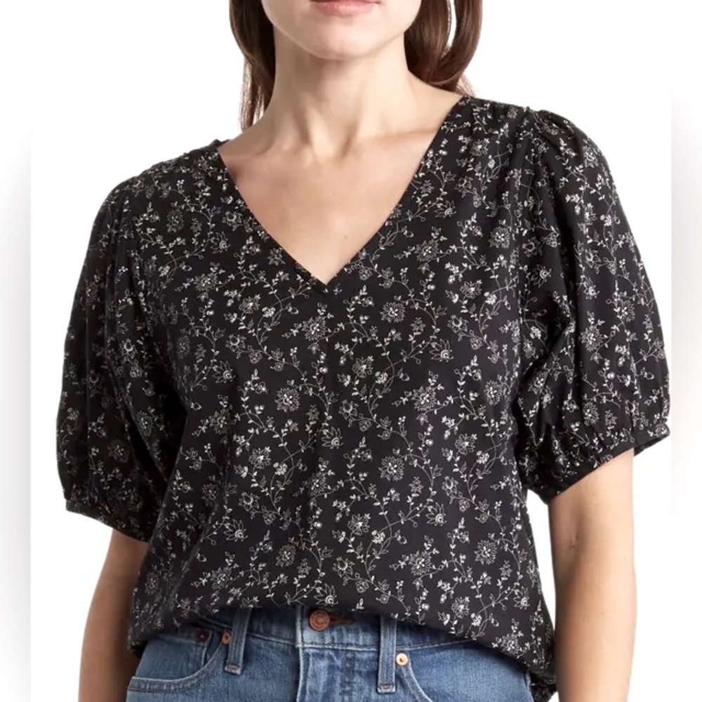 Madewell Puff Sleeve V-Neck Cotton Black and White Top - Size XS